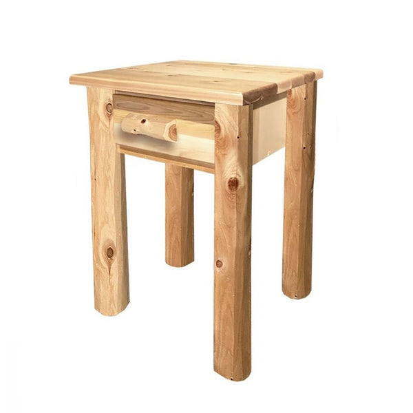 Log Nightstand with one Drawer in Hand Hewn Log Texture from LogHeads Home Center Log Furniture Manufacturing Company in Lancaster, KY