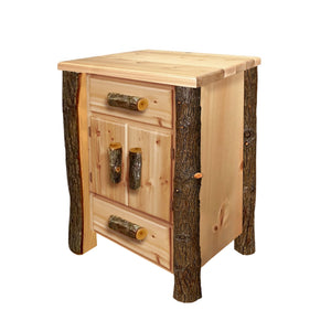 Log Nightstand with 2 drawers and 2 doors | Cedar Nightstand trimmed in Hickory with a professional finish from LogHeads Home Center the Log Furniture Manufacturing Company located in Kentucky