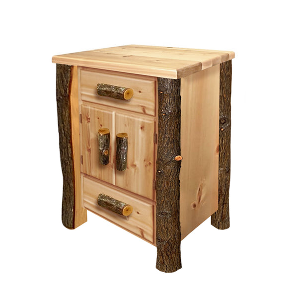 Log Nightstand with 2 drawers and 2 doors | Cedar Nightstand trimmed in Hickory with a professional finish from LogHeads Home Center the Log Furniture Manufacturing Company located in Kentucky
