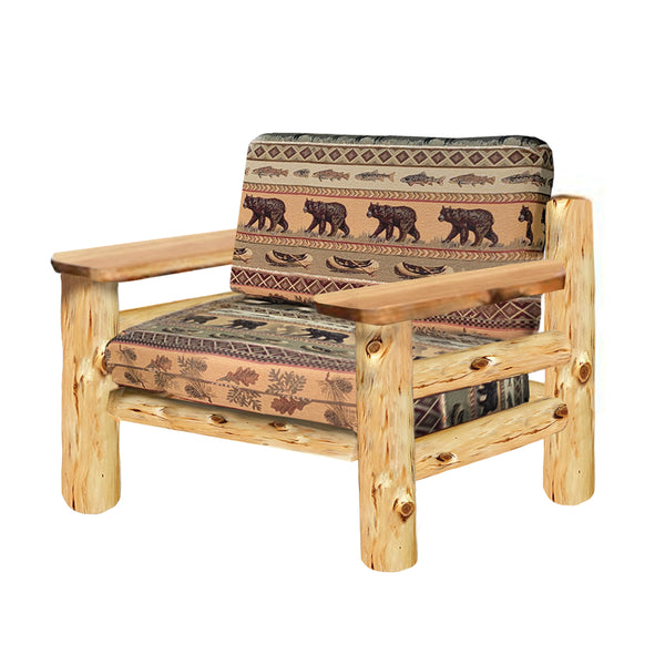 Rustic Oversized Paddle Arm Sofa Chair in Elk Ridge Log texture and Gatlinburg Frontier Fabric from LogHeads Home Center, a pioneer in log furniture manufacturing.