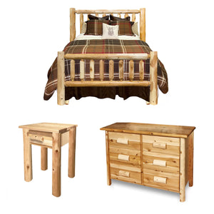 Log Bedroom Set | 3 Piece Timber Creek Log Bedroom Set in Hand Hewn Log Texture with Clear Finish from LogHeads Home Center Log Furniture manufacturing Company in Lancaster, KY