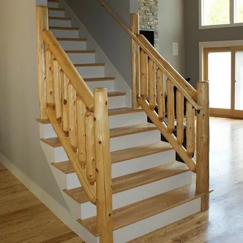 log railing on an indoor staircase