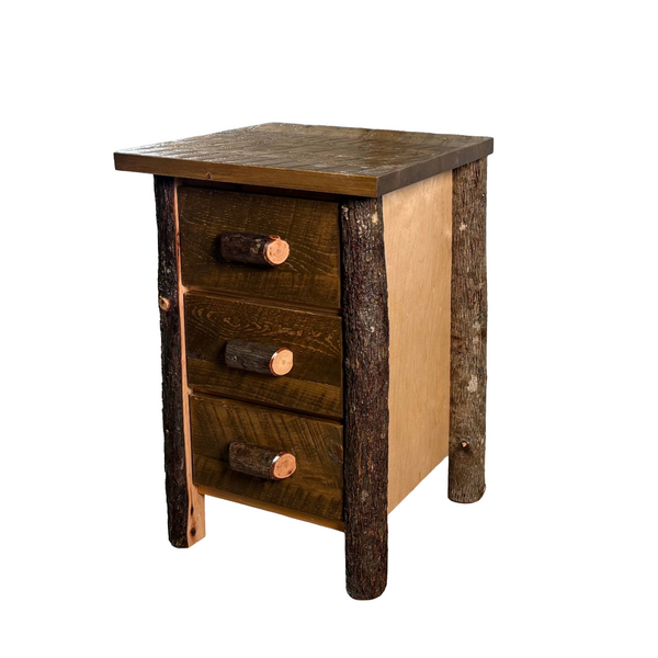 3 Drawer log nightstand with Hickory Saddle Stain