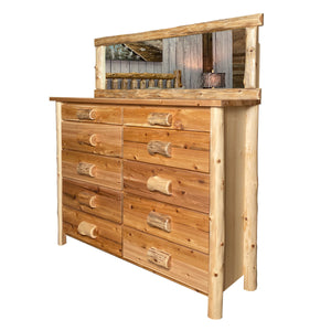 Log Dresser | 10 Drawer Cedar Dresser in Elk Ridge Log Texture with matching mirror from LogHeads Home Center Log Furniture Manufacturing Company