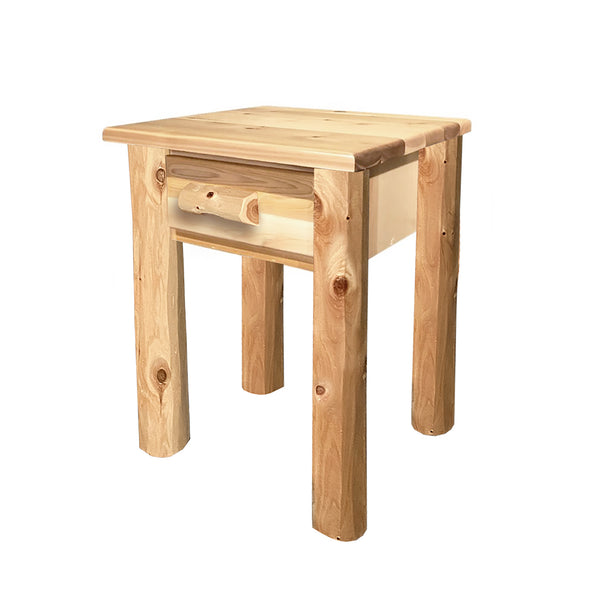 Log End Table | Rustic End Table in Hand Hewn Log Texture with circle sawn drawer front and top texture from LogHeads Home Center