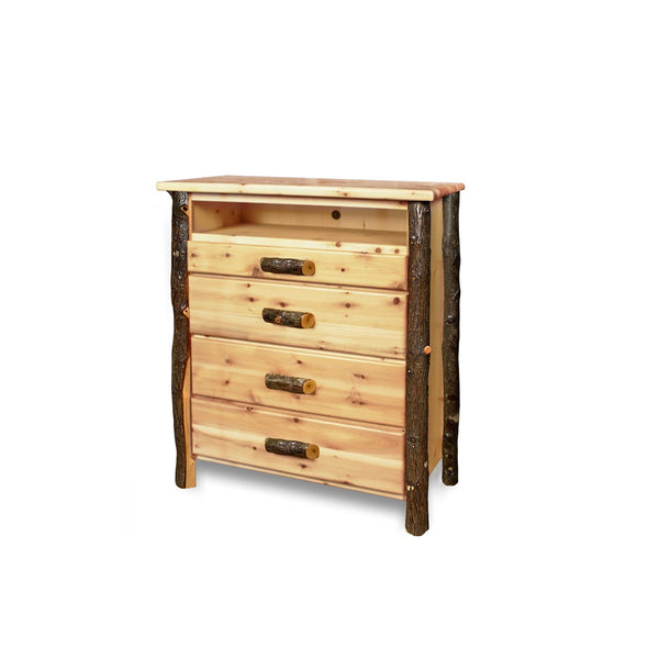 Cedar Chest | TV Log Chest in Hickory Log Texture from LogHeads Home Center Log Furniture Manufacturing Company