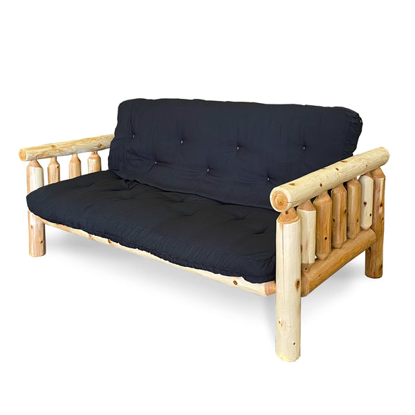Log Futon | Rustic Futon in Hand Hewn Log Texture with optional black mattress from Log Heads Home Center Log Furniture Manufacturing Facility in Central Kentucky