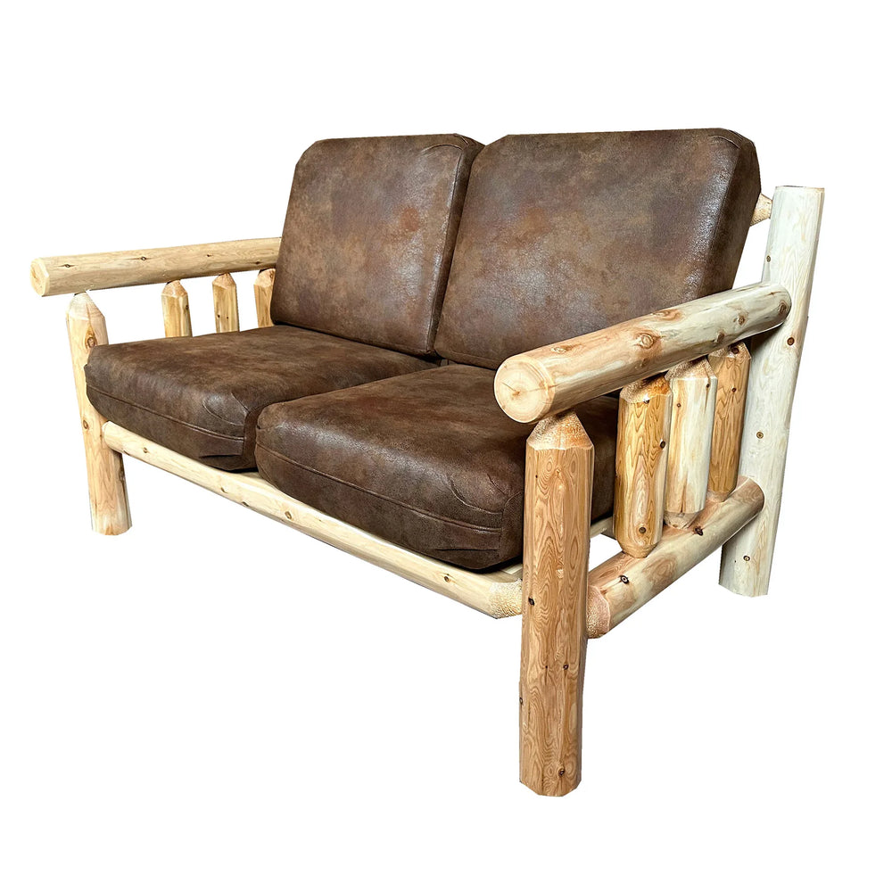 Log Loveseat | Rustic Loveseat in Hand Hewn Log Texture with Palomino Tobacco Fabric from LogHeads Home Center Log Furniture Manufacturing Facility in Lancaster, KY