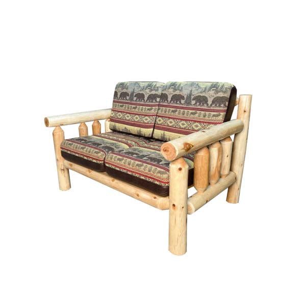 Log Loveseat | Rustic Loveseat in Hand Hewn Log Texture with Palomino Tobacco Fabric from LogHeads Home Center Log Furniture Manufacturing Facility in Lancaster, KY