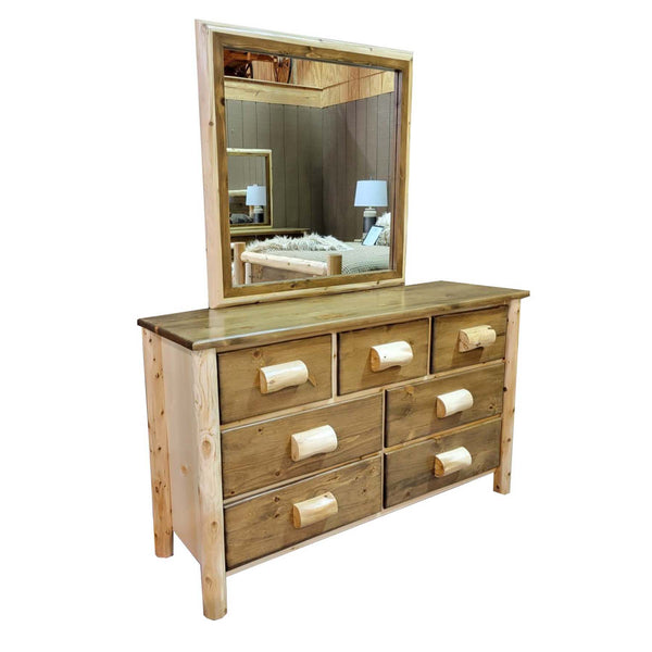 Log Dresser | Medium 7 Drawer Cedar Dresser in dark brown saddle stain side profile view from LogHeads Home Center Log Furniture Manufacturing Company