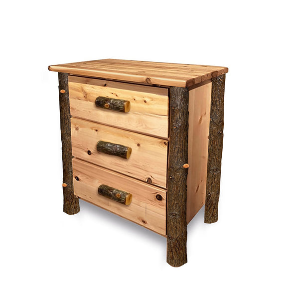 Cedar Chest | Small 3 Drawer Rustic Chest in Hickory Log Texture from LogHeads Home Center Log Furniture Manufacturing Company