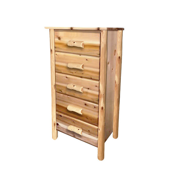 Cedar Chest | Small 5 Drawer Rustic Chest in Hand Hewn Log Texture from LogHeads Home Center Log Furniture Manufacturing Company