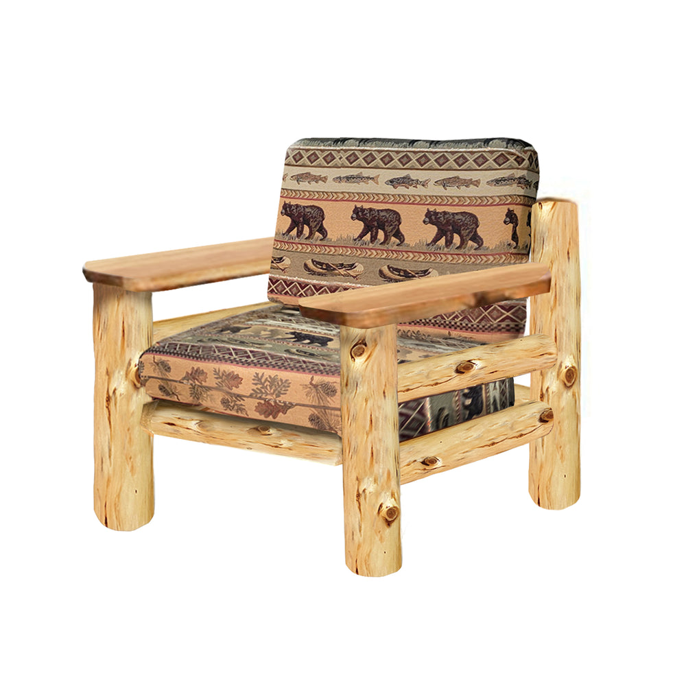 Rustic Paddle Arm Sofa Chair in Elk Ridge Log Texture with Gatlinburg Frontier Fabric from LogHeads Home Center, we have been manufacturing cabin furniture for over 25 years in Lancaster, KY.
