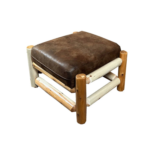 Rustic Sofa Chair Ottoman | Log Ottoman in Hand Hewn Log Texture with Palomino Tobacco Fabric from LogHeads Home Center. We have been manufacturing log furniture for over 25 years.