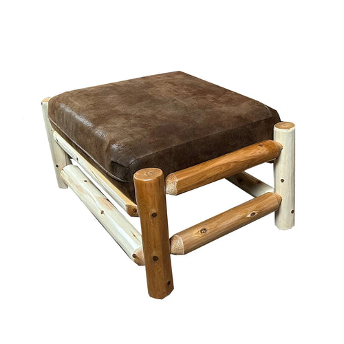 Rustic Oversized Ottoman | Oversized Log Ottoman in hand hewn log texture with Palomino Tobacco Fabrice from LogHeads Home Center. We have been manufacturing handcrafted cabin furniture for over 25 years.
