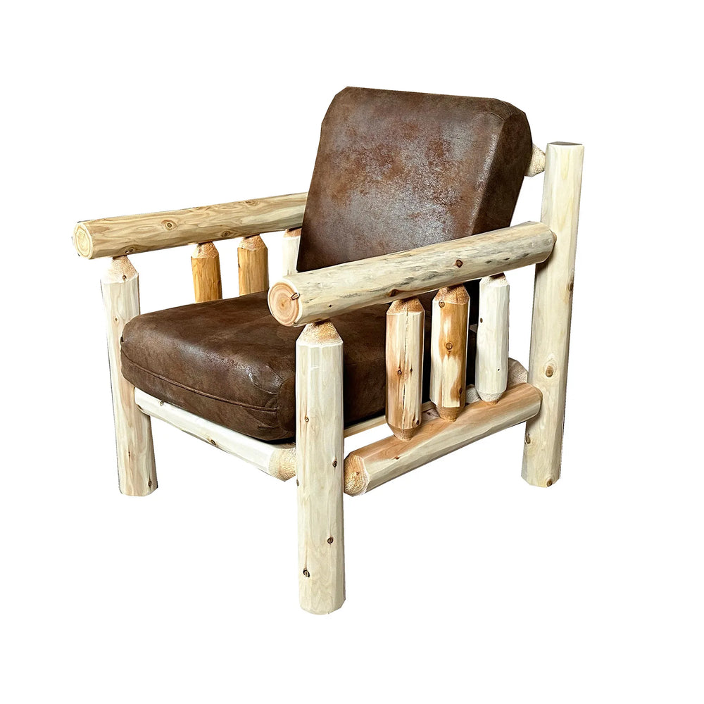 Log Sofa Chair | Rustic Sofa Chair in Hand Hewn Log Texture with Palomino Tobacco Fabric from LogHeads Home Center and We Have Been Manufacturing Log Furniture for Over 25 Years.