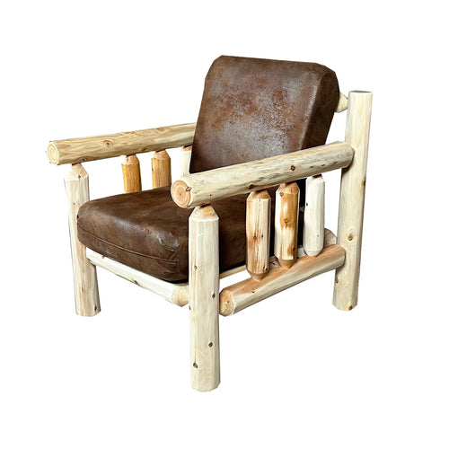 Log Sofa Chair | Rustic Sofa Chair in Hand Hewn Log Texture with Palomino Tobacco Fabric from LogHeads Home Center and We Have Been Manufacturing Log Furniture for Over 25 Years.