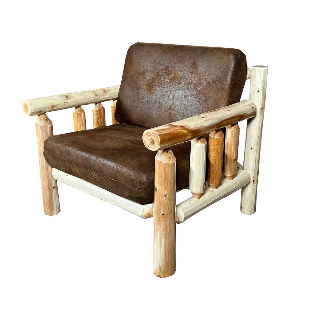 Oversized Rustic Sofa Chair | Oversized Log Sofa Chair in Hand Hewn Log Texture and Palomino Tobacco Fabric from LogHeads Home Center, LogHeads has been manufacturing cabin furniture for over 25 years.