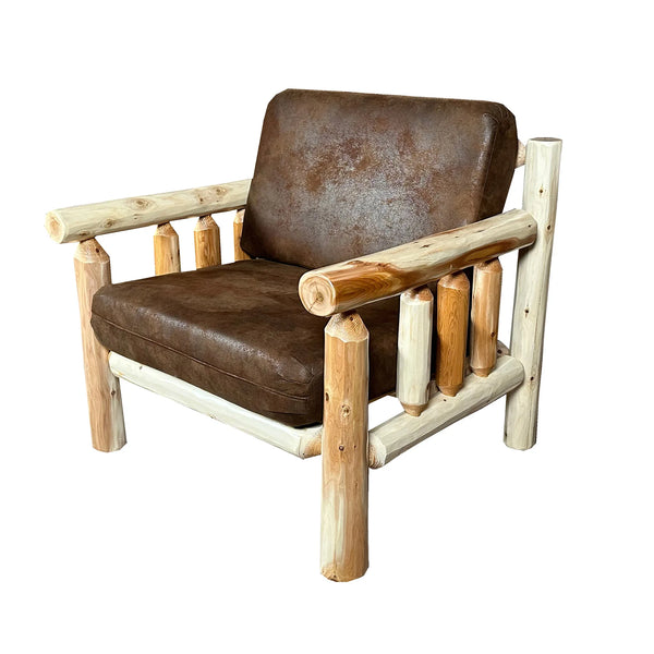 Oversized Rustic Sofa Chair | Oversized Log Sofa Chair in Hand Hewn Log Texture and Palomino Tobacco Fabric from LogHeads Home Center, LogHeads has been manufacturing cabin furniture for over 25 years.