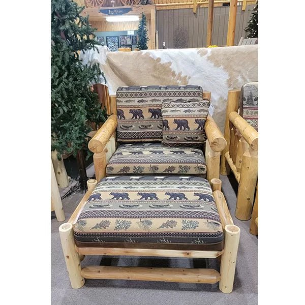 Over Sized Rustic Sofa Chair | Oversized Log Sofa Chair in Hand Hewn Log Texture and Gatlinburg frontier and palomino tobacco Fabric from LogHeads Home Center. LogHeads has been manufacturing cabin furniture for over 25 years.