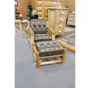 Log Sofa Chair | Rustic Sofa Chair in Hand Hewn Log Texture with Gatlinburg Frontier and Palomino Tobacco Fabric from LogHeads Home Center and We Have Been Manufacturing Log Furniture for Over 25 Years.