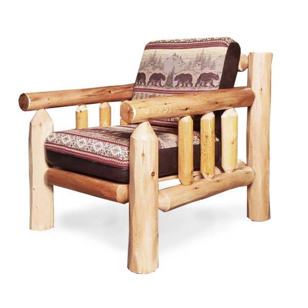 Log Sofa Chair | Rustic Sofa Chair in Hand Hewn Log Texture with Bear Run Sand and Palomino Tobacco Fabric from LogHeads Home Center and We Have Been Manufacturing Log Furniture for Over 25 Years.