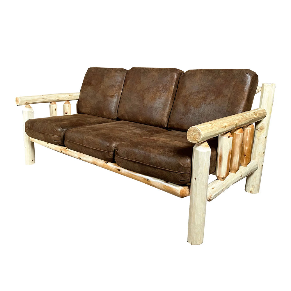 Log Couch | Rustic Sofa in Hand Hewn Log Texture with Palomino Tobacco Fabric from LogHeads Home Center