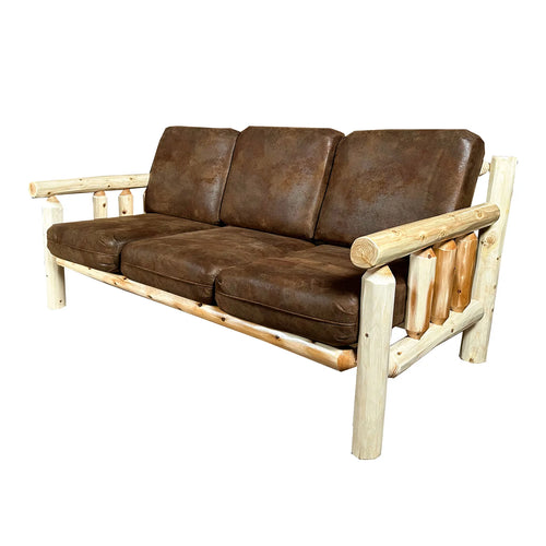 Log Couch | Rustic Sofa in Hand Hewn Log Texture with Palomino Tobacco Fabric from LogHeads Home Center