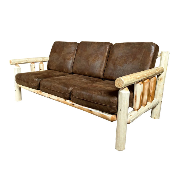 Log Couch | Rustic Sofa in Hand Hewn Log Texture with Palomino Tobacco Fabric from LogHeads Home Center