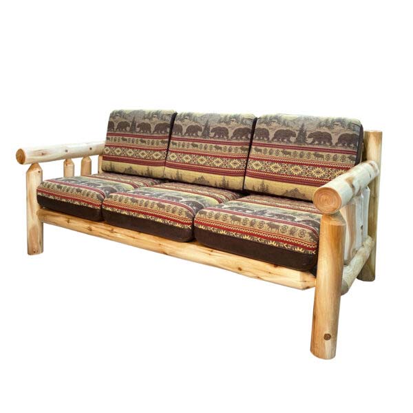 Log Couch | Rustic Sofa in Hand Hewn Log Texture with Bear Run Sand and Palomino Tobacco Fabric from LogHeads Home Center