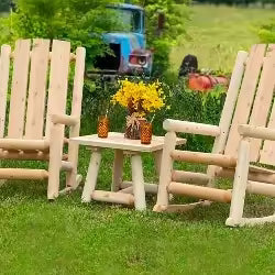 Rustic Outdoor Log Furniture such as a Heavy-duty outdoor rocking chair set and log end tables that last a lifetime