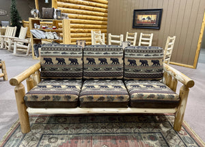 Log Couch | Rustic Sofa in Hand Hewn Log Texture with Palomino Tobacco Fabric from LogHeads Home Center Log Furniture Manufacturing Company in Lancaster, KY