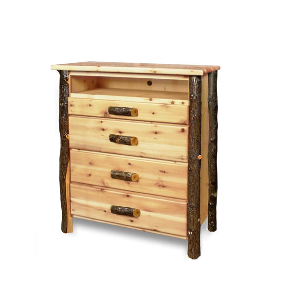 Cedar Chest | TV Log Chest in Hickory Log Texture from LogHeads Home Center Log Furniture Manufacturing Company