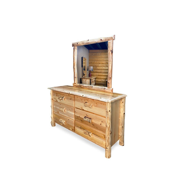 Log Dresser | Large 6 Drawer Cedar Dresser in Elkridge Log Texture pictured with LogHeads rustic bedroom Mirror