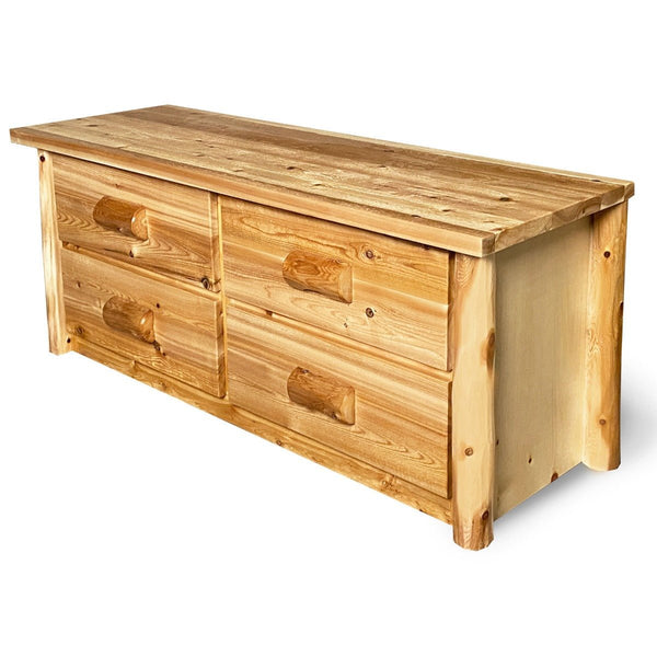 Cedar Chest | 4 Drawer Queen Rustic Chest in Hand Hewn Log Texture from LogHeads Home Center Log Furniture Manufacturing Company