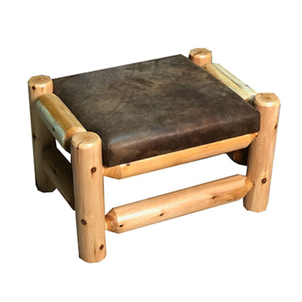 Rustic Sofa Chair Ottoman | Log Ottoman in Hand Hewn Log Texture with Palomino Tobacco Fabric from LogHeads Home Center. We have been manufacturing log furniture for over 25 years.