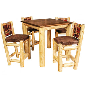 Rustic Pub Table | Square Pub Table in Elk Ridge Log Texture and custom dark brown saddle stain with hand upholstered bar chairs from LogHeads Home Center