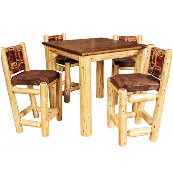 Rustic Pub Table | Square Pub Table in Elk Ridge Log Texture and custom dark brown saddle stain with hand upholstered bar chairs from LogHeads Home Center