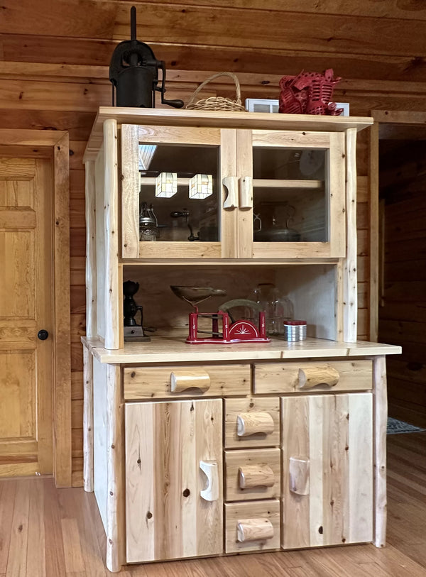 Rustic Buffet Cabinet and Large Hutch with Tempered Glass Doors by LogHeads Home Center