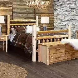 Log Bedroom Furniture and Rustic Bedroom Furniture, including a Log Bed Frame, log end tables and a log chest that are built to last a lifetime