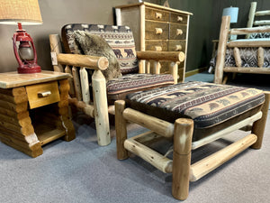 Rustic Oversized Ottoman | Oversized Log Ottoman in hand hewn log texture with Gatlinburg Frontier and Palomino Tobacco Fabrice from LogHeads Home Center. We have been manufacturing handcrafted cabin furniture for over 25 years.