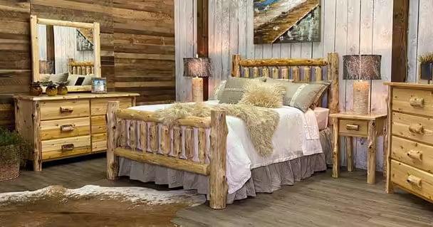 Rustic Log Bedroom Furniture including Log Dressers, a  Log Chest and rustic Nightstands