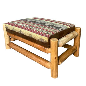 Rustic Oversized Ottoman | Oversized Log Ottoman in hand hewn log texture with Bear Run Sand and Palomino Tobacco Fabrice from LogHeads Home Center. We have been manufacturing handcrafted cabin furniture for over 25 years.