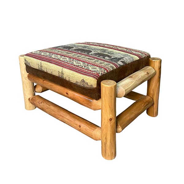 Rustic Sofa Chair Ottoman | Log Ottoman in Hand Hewn Log Texture with Bear Run Sand and Palomino Tobacco Fabric from LogHeads Home Center. We have been manufacturing log furniture for over 25 years.