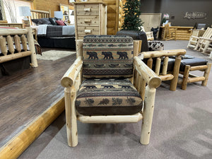 Log Sofa Chair | Rustic Sofa Chair in Hand Hewn Log Texture with Gatlinburg Frontier and Palomino Tobacco Fabric from LogHeads Home Center and We Have Been Manufacturing Log Furniture for Over 25 Years.