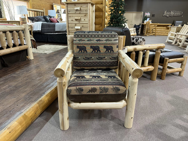 Log Sofa Chair | Rustic Sofa Chair in Hand Hewn Log Texture with Gatlinburg Frontier and Palomino Tobacco Fabric from LogHeads Home Center and We Have Been Manufacturing Log Furniture for Over 25 Years.